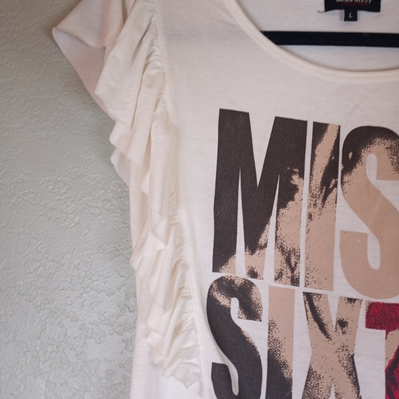 Miss Sixty Vintage Y2K Flutter Cap Sleeve White Logo Indie Sleeze Rocker Top L - Picture 2 of 8